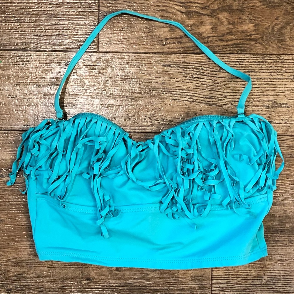 a.n.a Turquoise bandeau/halter fringe swim top